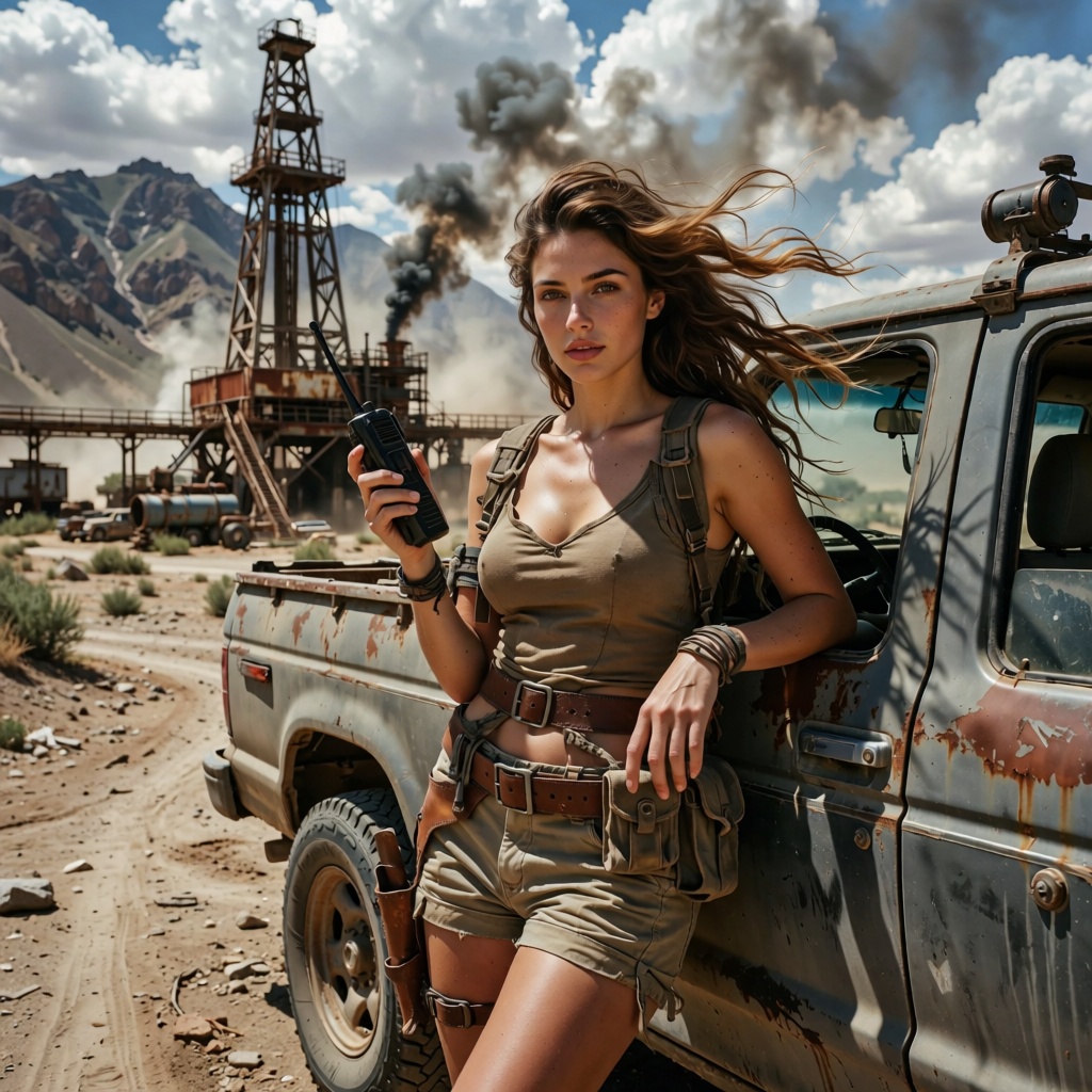 Prompt: Photorealistic cinematic portrait of an ***** female post-apocalyptic survivalist standing beside a rugged dusty p...