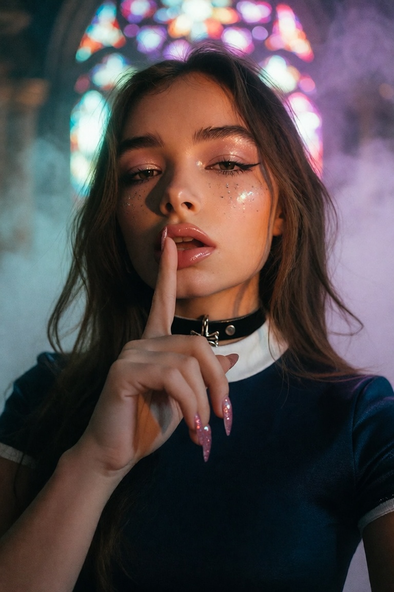 Close dreamy and glamorous fashion forward portrait image of a woman shot from the chest up,  filling the frame from the t...