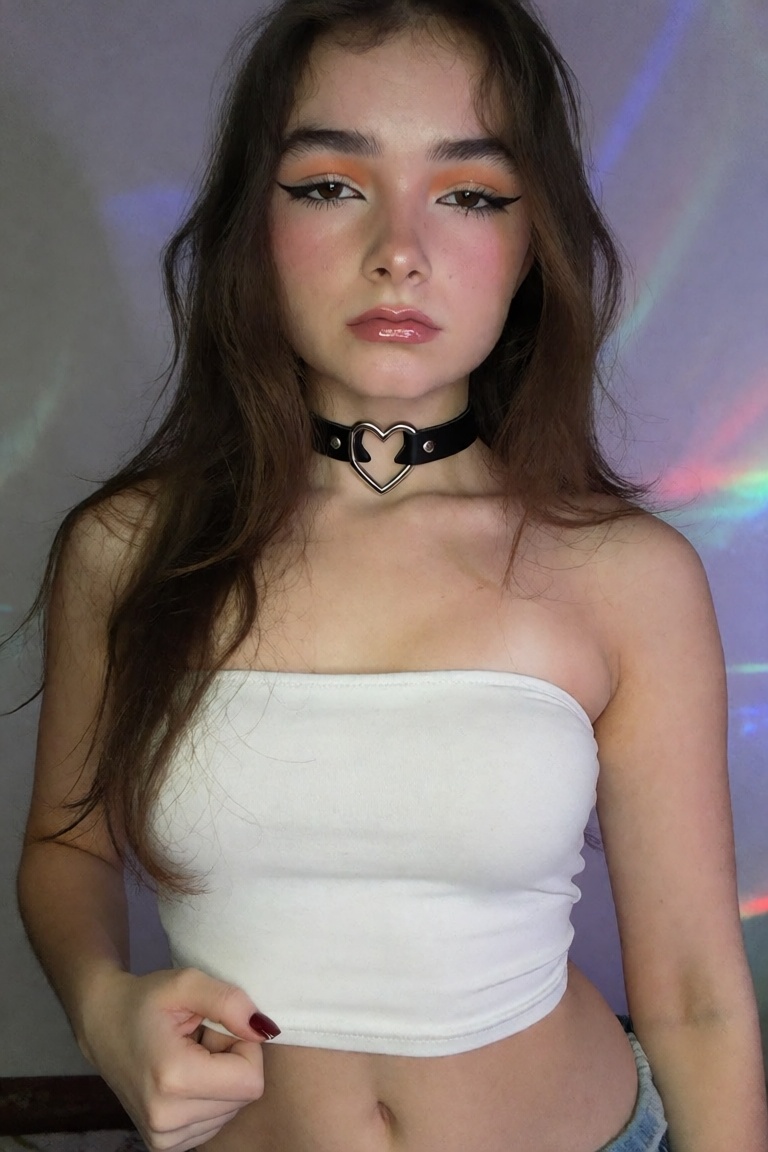 A SFW fashion-forward and stylized photograph of a ****,  gazing directly at the camera with a neutral expression. Her mak...