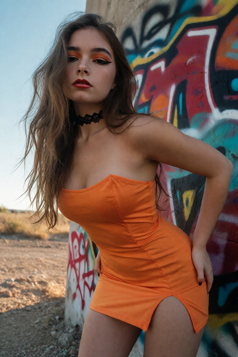 A young woman with long,  light brown hair stands in a shot taken close from a low angle looking up,  positioned slightly...
