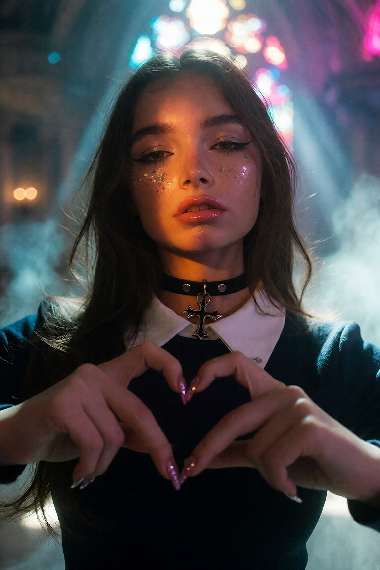 Close dreamy and glamorous fashion forward portrait image of a woman shot from the chest up,  filling the frame from the t...