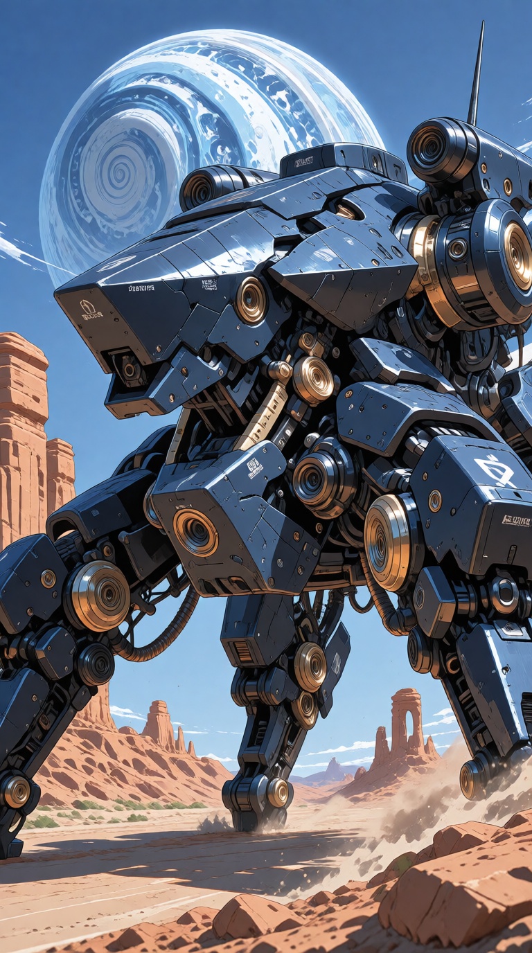 a massive four legged mecha,  spider-like deep-blue armor. It has four sturdy,  articulated legs and a sleek design with i...