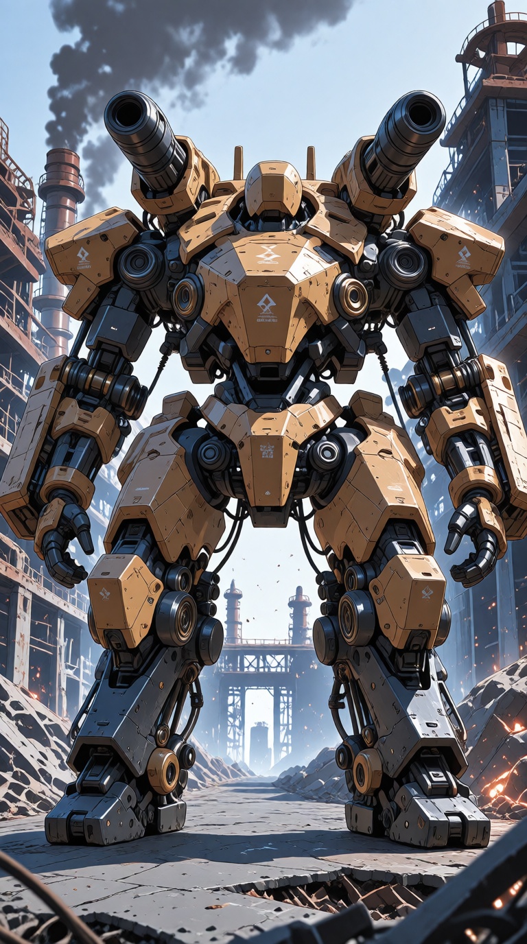 Hyper-realistic cinematic full-body frontal shot. Dieselpunk heavy combat mecha,  a towering symmetrical war machine stand...