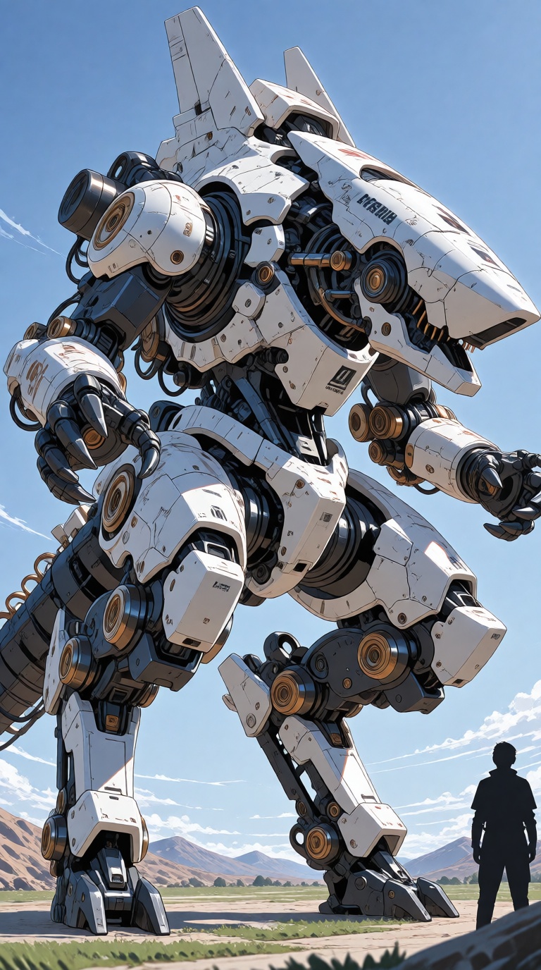 A colossal bipedal robot stands amidst an expansive outdoor landscape,  its imposing presence dominating the scene. The ro...