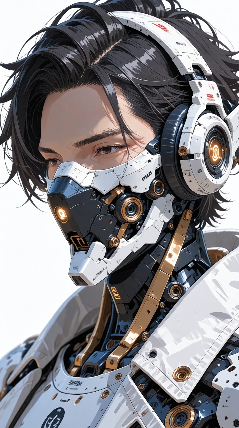 Photorealistic upper body close-up of a handsome Japanese man with styled hair clearly visible,  wearing separate mecha-st...