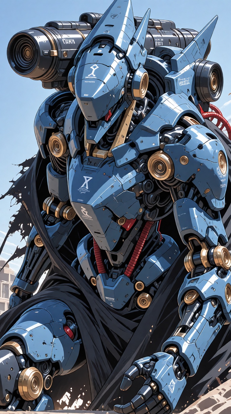 a full body shot image of a humanoid robot with intricate mechanical details. The robot has an angular head that is facele...