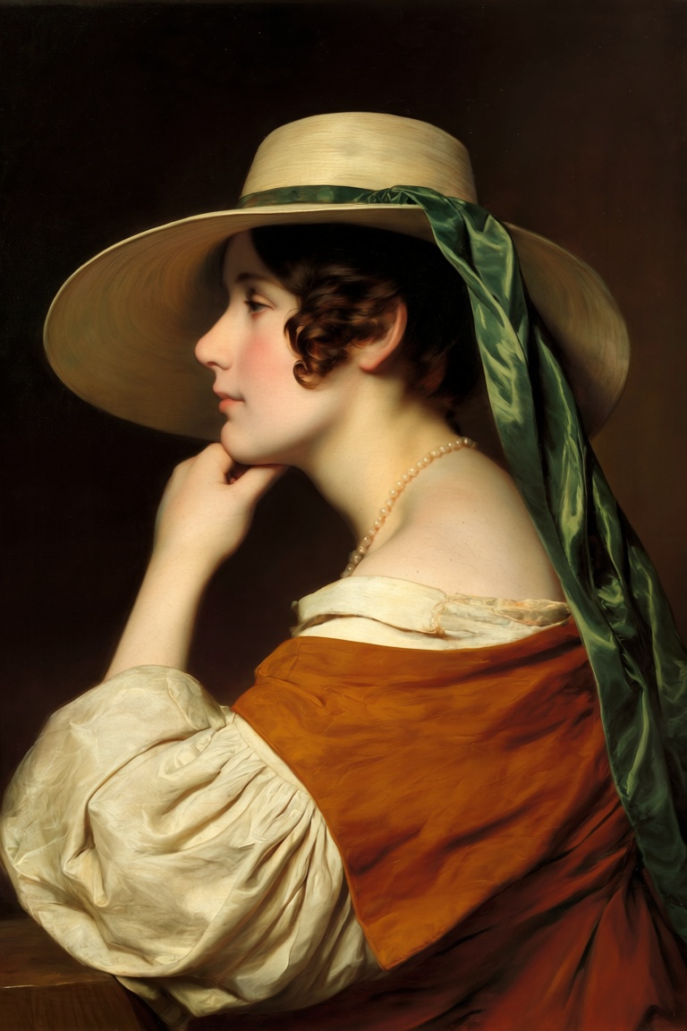 A tender,  intimate portrait of a young woman in profile,  turned toward the left in quiet contemplation. She rests her ch...