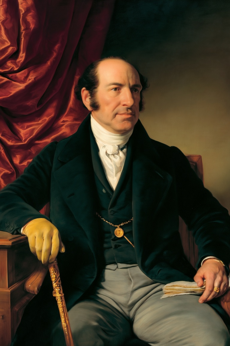 A distinguished,  three-quarter-length portrait of a middle-aged gentleman,  seated and turned slightly toward his right o...