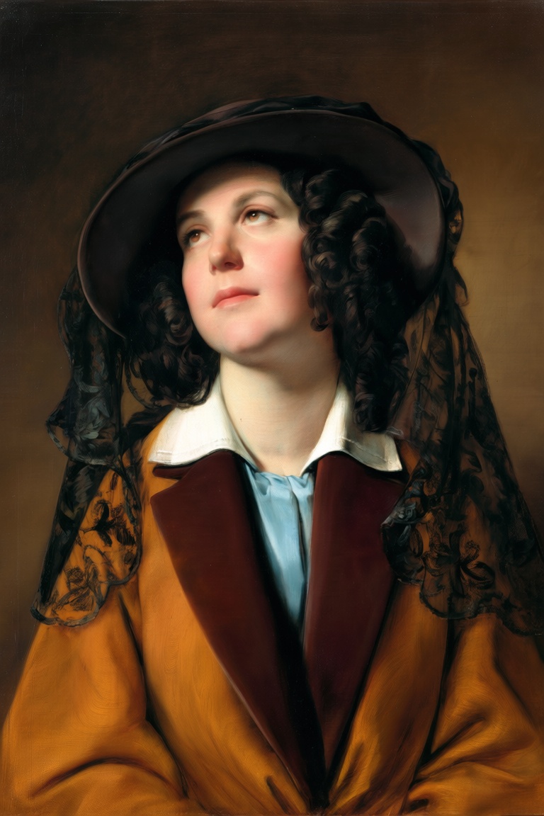 bust-length portrait of Antonie Amerling,  turned gently to her left and looking upward and away from the viewer with a th...