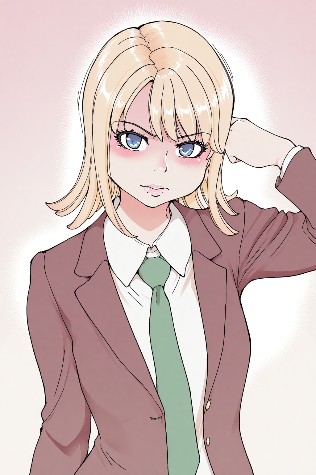 (OkinaArt),  1girl with blonde hair and blue eyes in a cute solo pose,  looking directly at the viewer. She is wearing a s...