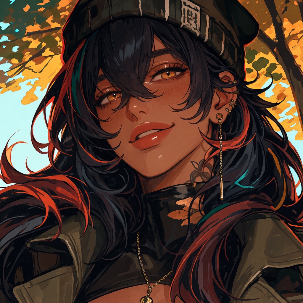 style: semi realistic art style,  digital painterly illustration,  Create a portrait of a tanned woman with long on Tensor...