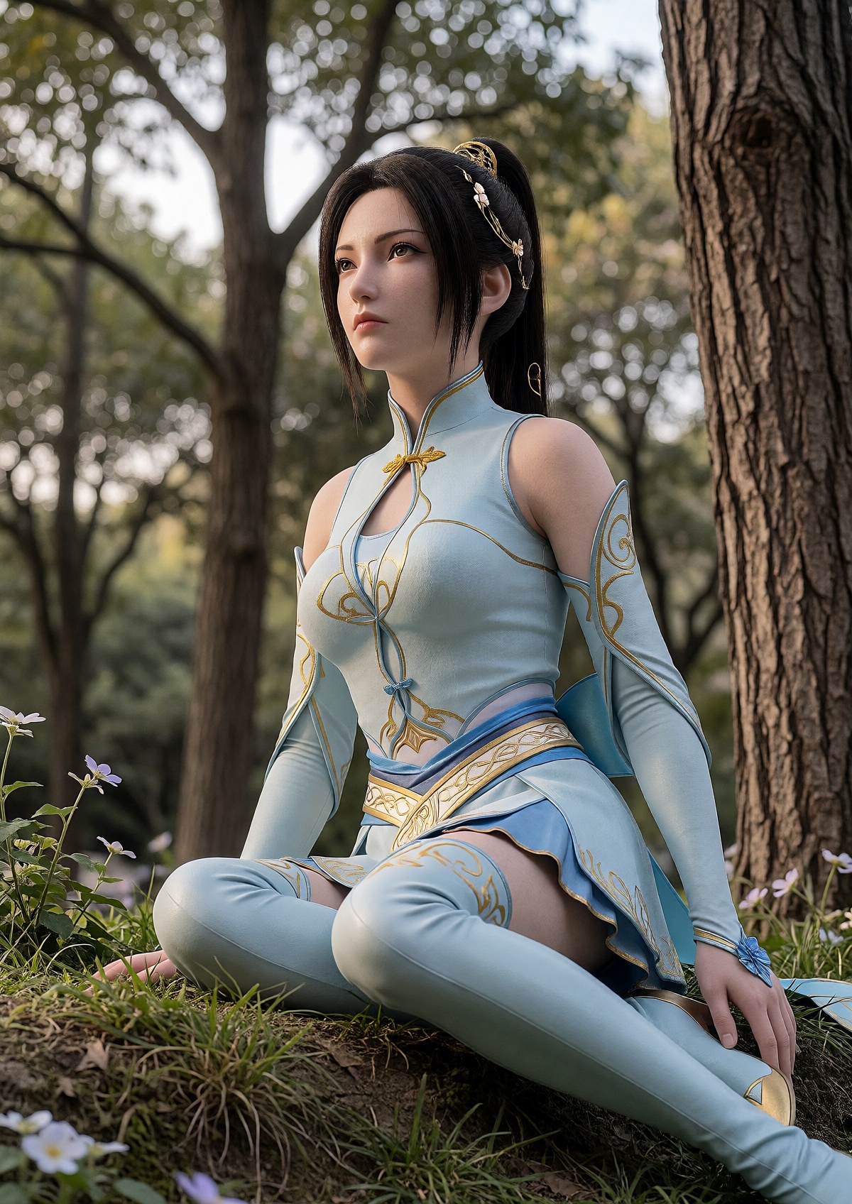 A Princess with fair skin,  refined facial features,  and warm brown eyes wears her long dark brown hair bound in a high p...