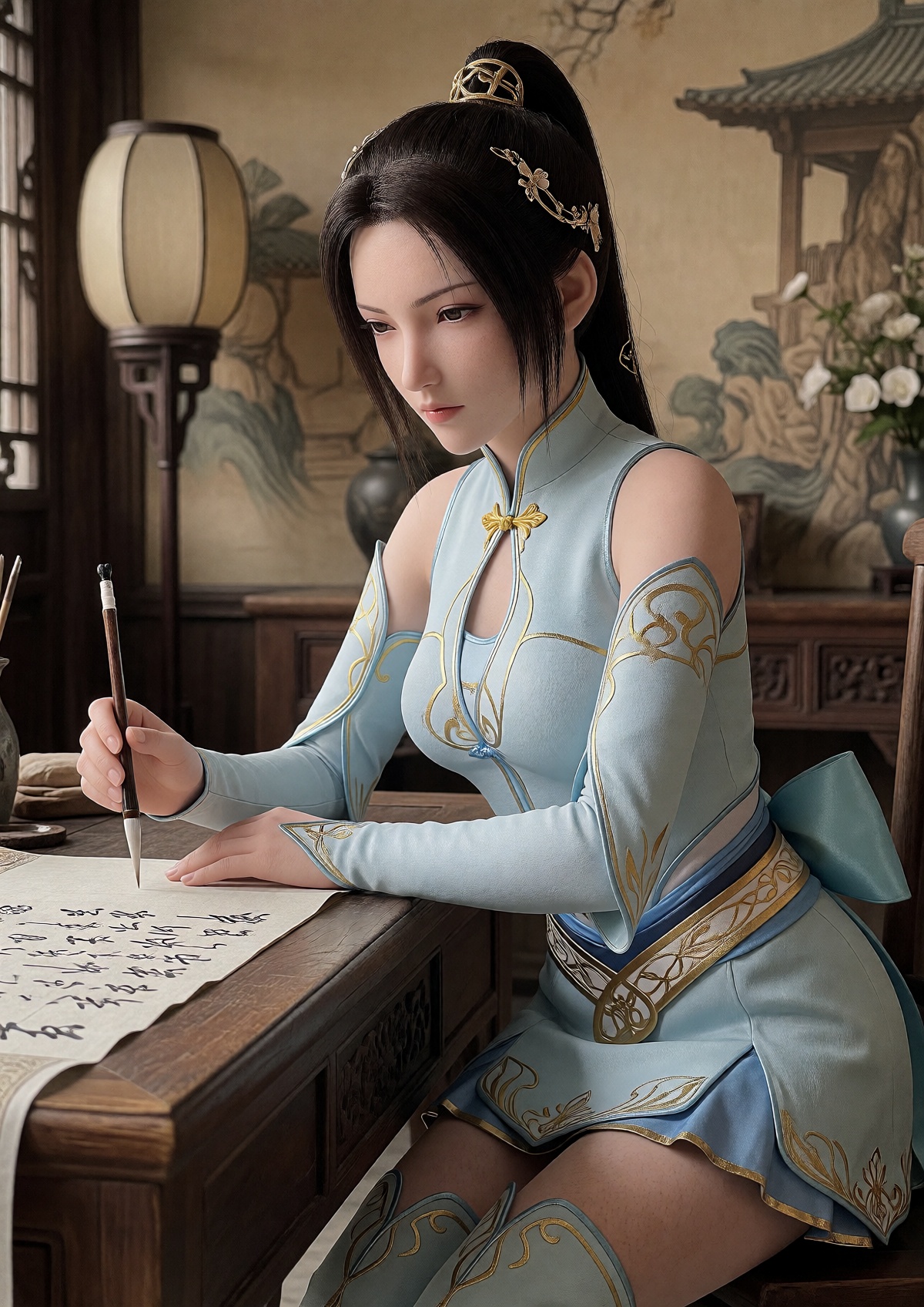 A Princess with fair skin,  refined facial features,  and warm brown eyes wears her long dark brown hair bound in a high p...