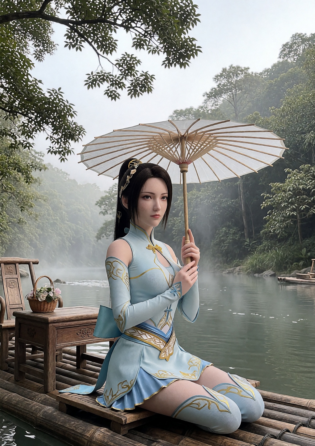A Princess with fair skin,  refined facial features,  and warm brown eyes wears her long dark brown hair bound in a high p...