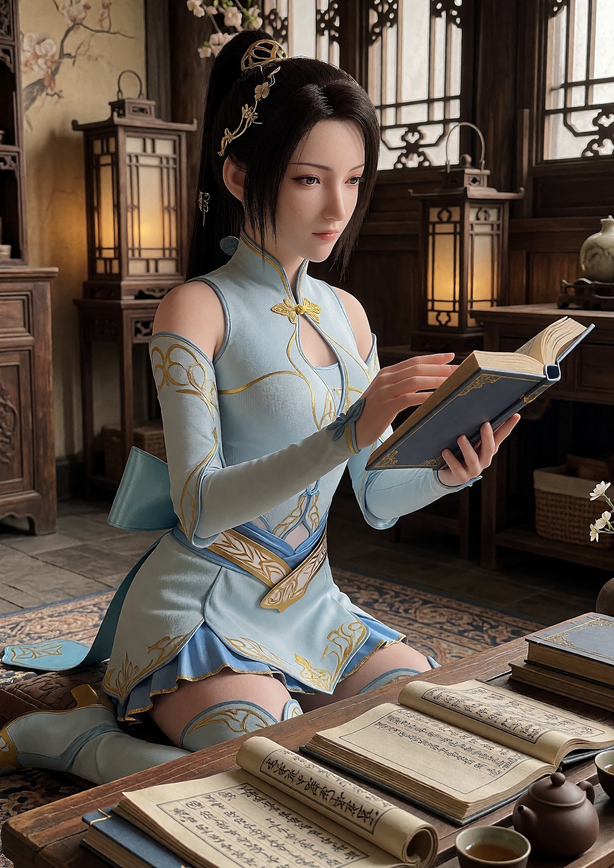 A Princess with fair skin,  refined facial features,  and warm brown eyes wears her long dark brown hair bound in a high p...