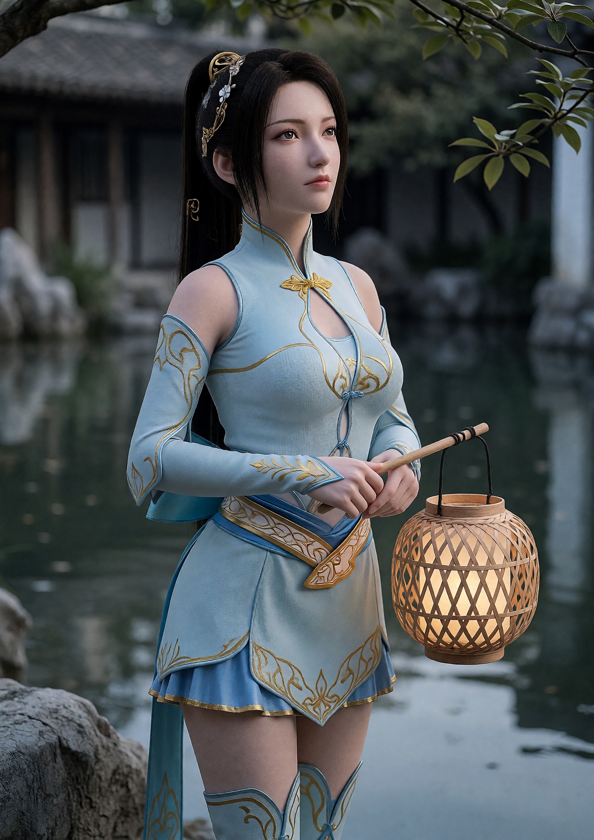 A Princess with fair skin,  refined facial features,  and warm brown eyes wears her long dark brown hair bound in a high p...