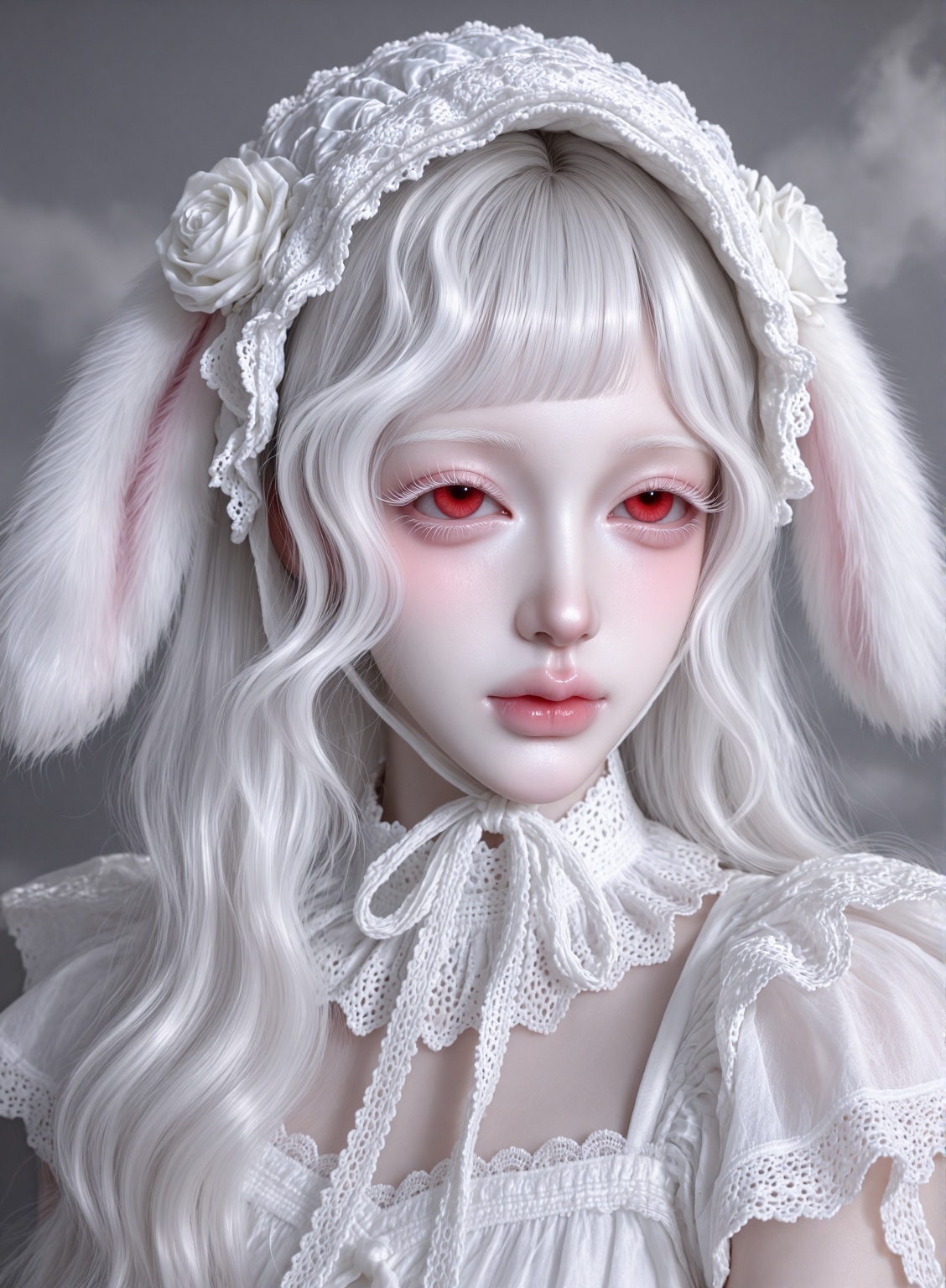 cinematic upper-body portrait,  close-up shot,  an albino fantasy young woman wearing a delicate white bunny-themed outfit...