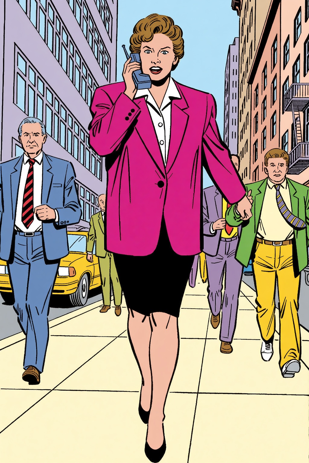 _P_P_S,  flat color. a confident 1980s businesswoman walking briskly down a bustling New York sidewalk,  wearing an oversi...