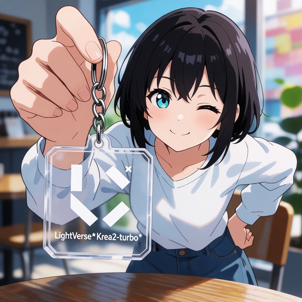 1girl,  anime style,  viewed next to a clear acrylic keychain held close to camera on Tensor.Art