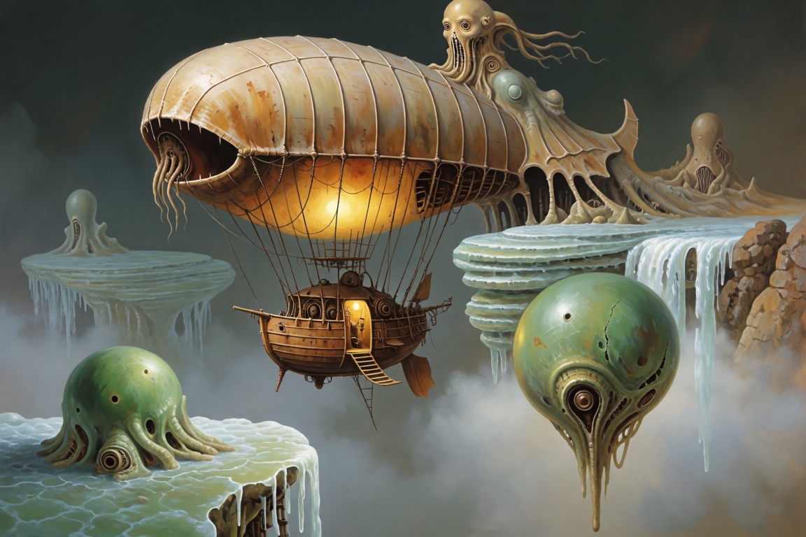 illusia style. Detailed rendering. Floating elements,  Scene: A surreal juxtaposition,  biomechanical dirigible navigates...