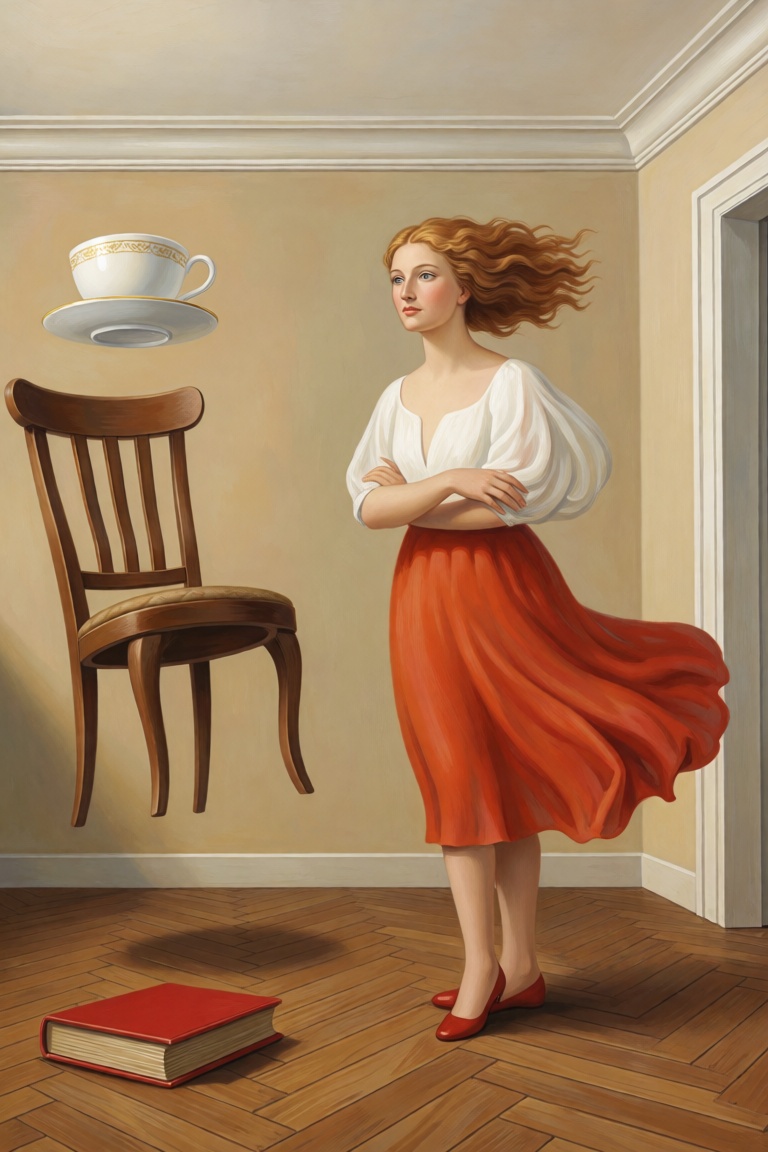 Illusia style,  floating elements,  symbolic suggestion — a woman standing in a room where the furniture (teacup on Tensor...