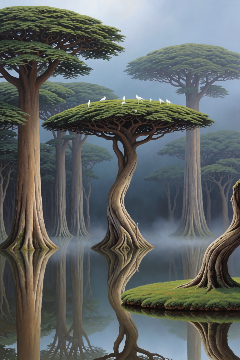 illusia style. naturalistic details,  organic forms. Eerie light. A fantastical and serene forest features towering trees...