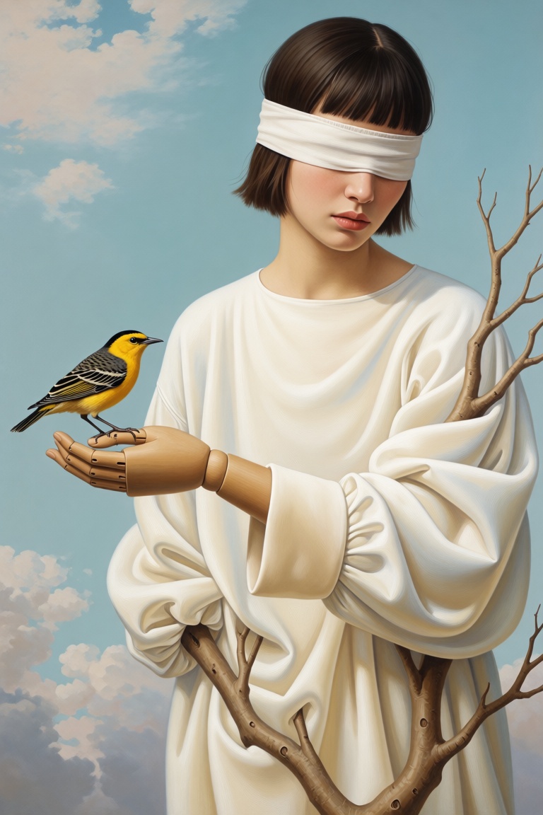 illusia style. Scene: A surreal portrait depicts a blindfolded young woman with tree branches growing from her wooden body...