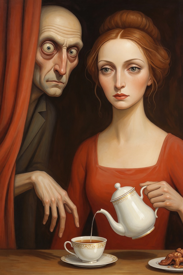 Illusia style,  grotesque figures,  subtle tension — a woman calmly pouring tea while a barely-visible second on Tensor.Art