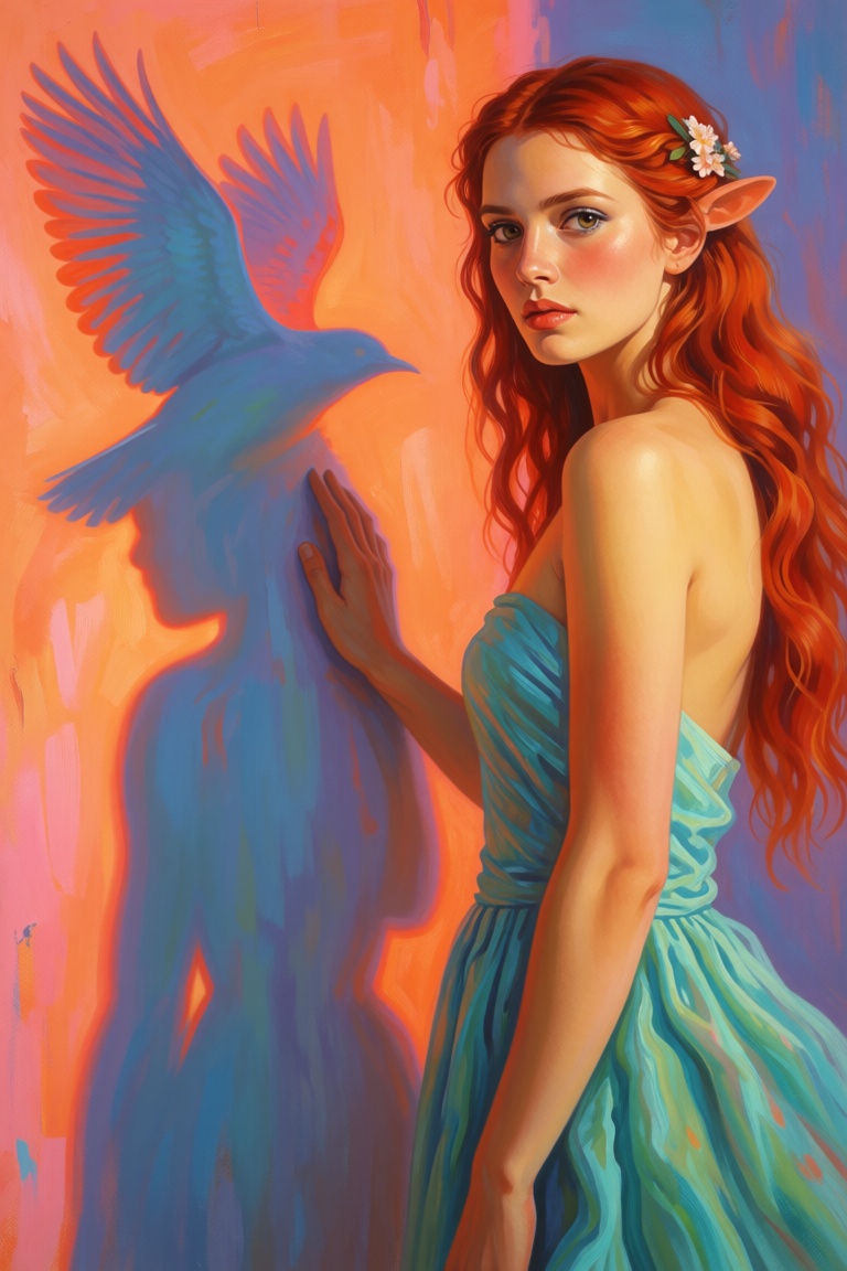 Illusia style,  hybrid forms,  vivid color palette — a woman whose shadow on the wall belongs to a bird in mid-flight on T...
