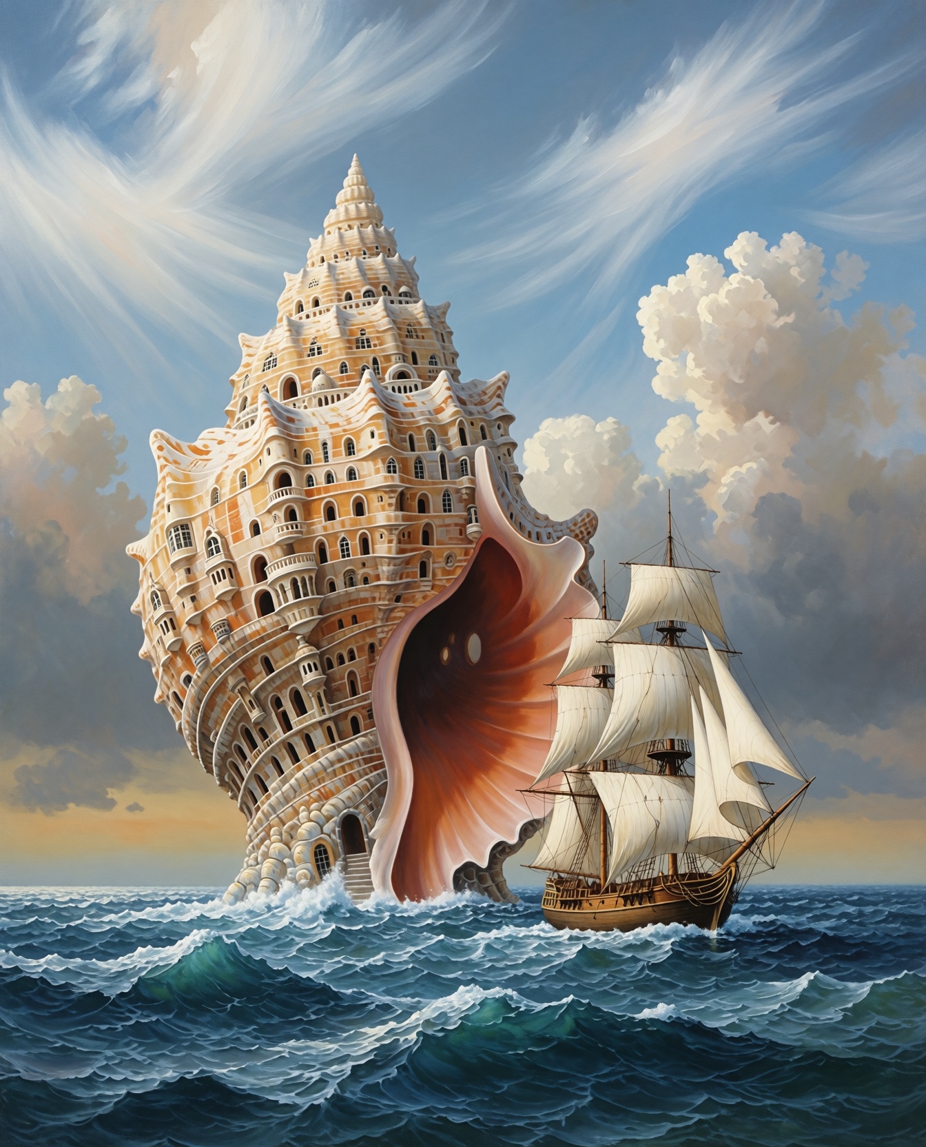 illusia style. Dreamlike journey. Balanced asymmetry. Scene: A colossal,  shell-shaped architectural marvel rises from the...
