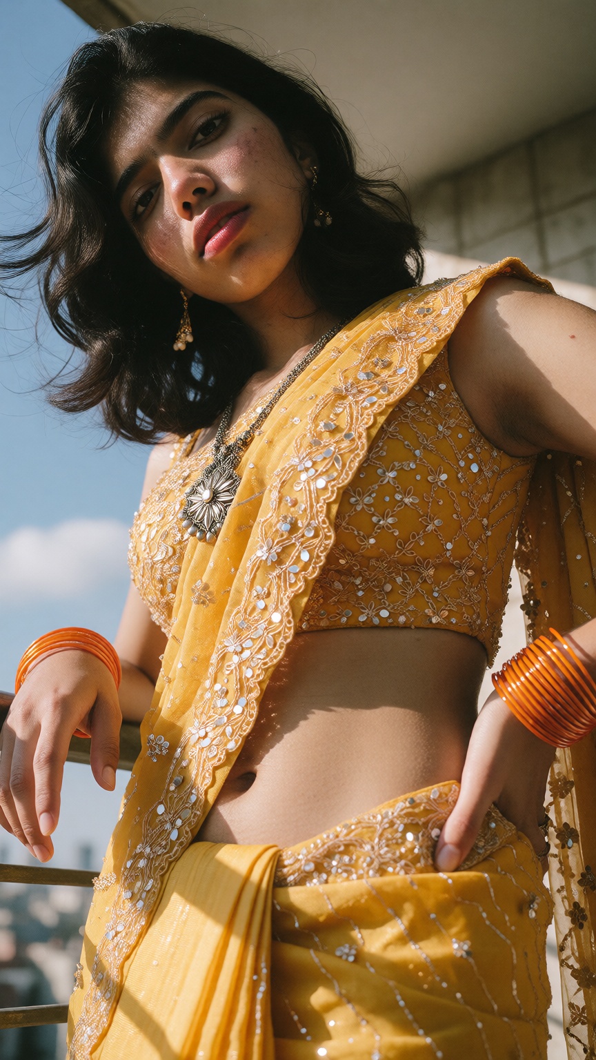 Cinematic photograph of a young South Asian woman with fair skin and dark hip-length hair,  dramatic extreme low angle wor...