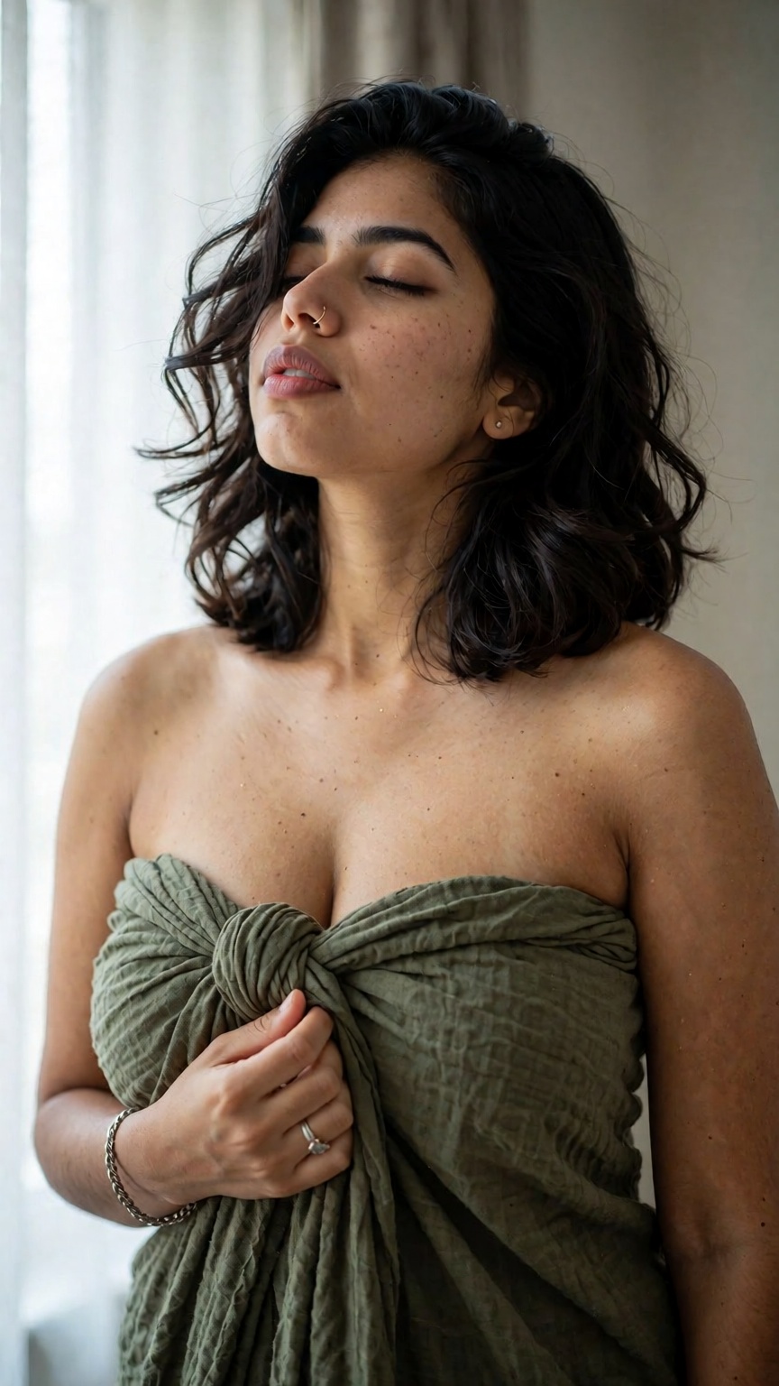 { "prompt": "Photorealistic intimate portrait of a beautiful Indian woman with medium-length wavy dark brown hair,  slight...