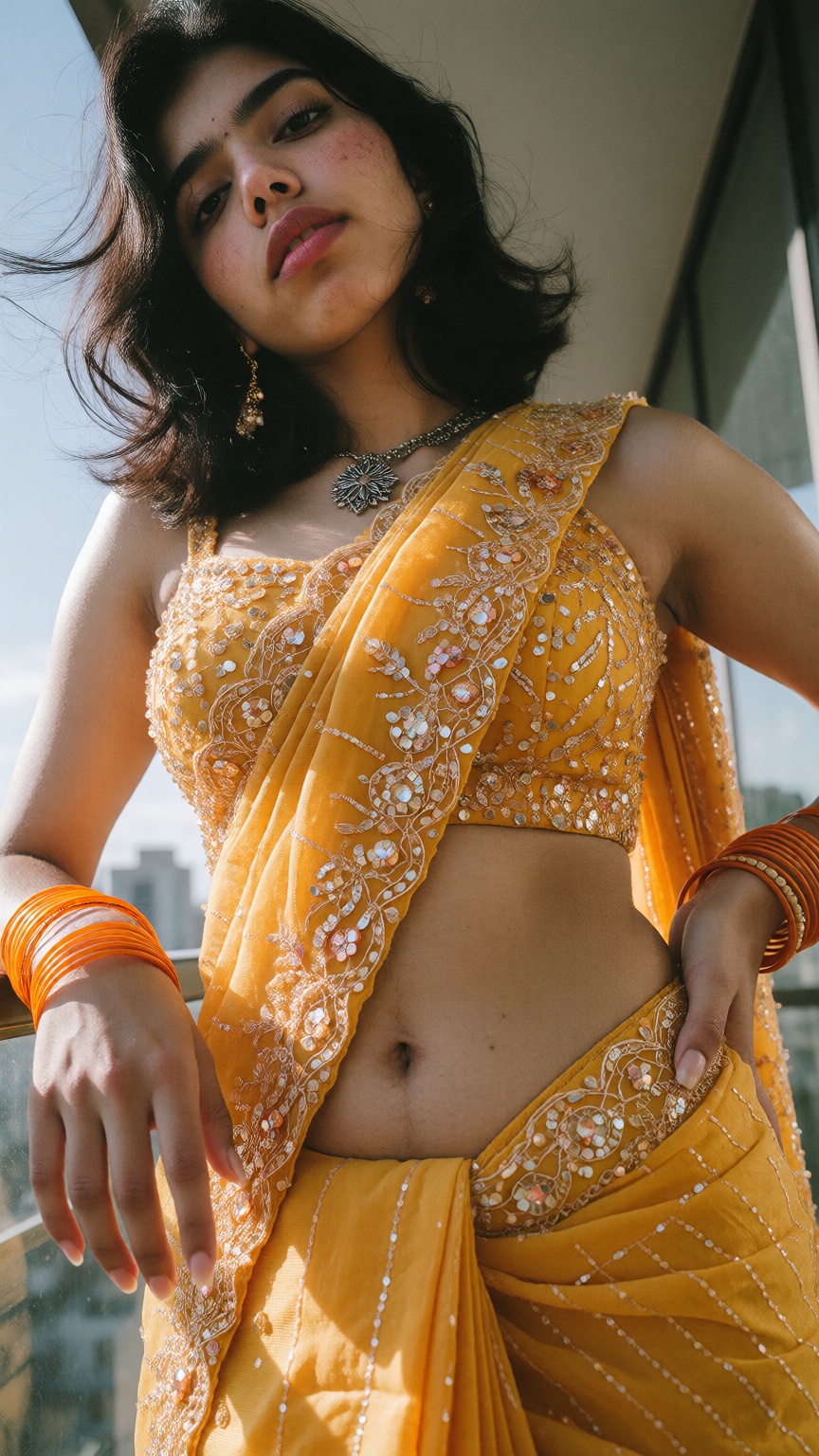 Cinematic photograph of a young South Asian woman with fair skin and dark hip-length hair,  dramatic extreme low angle wor...