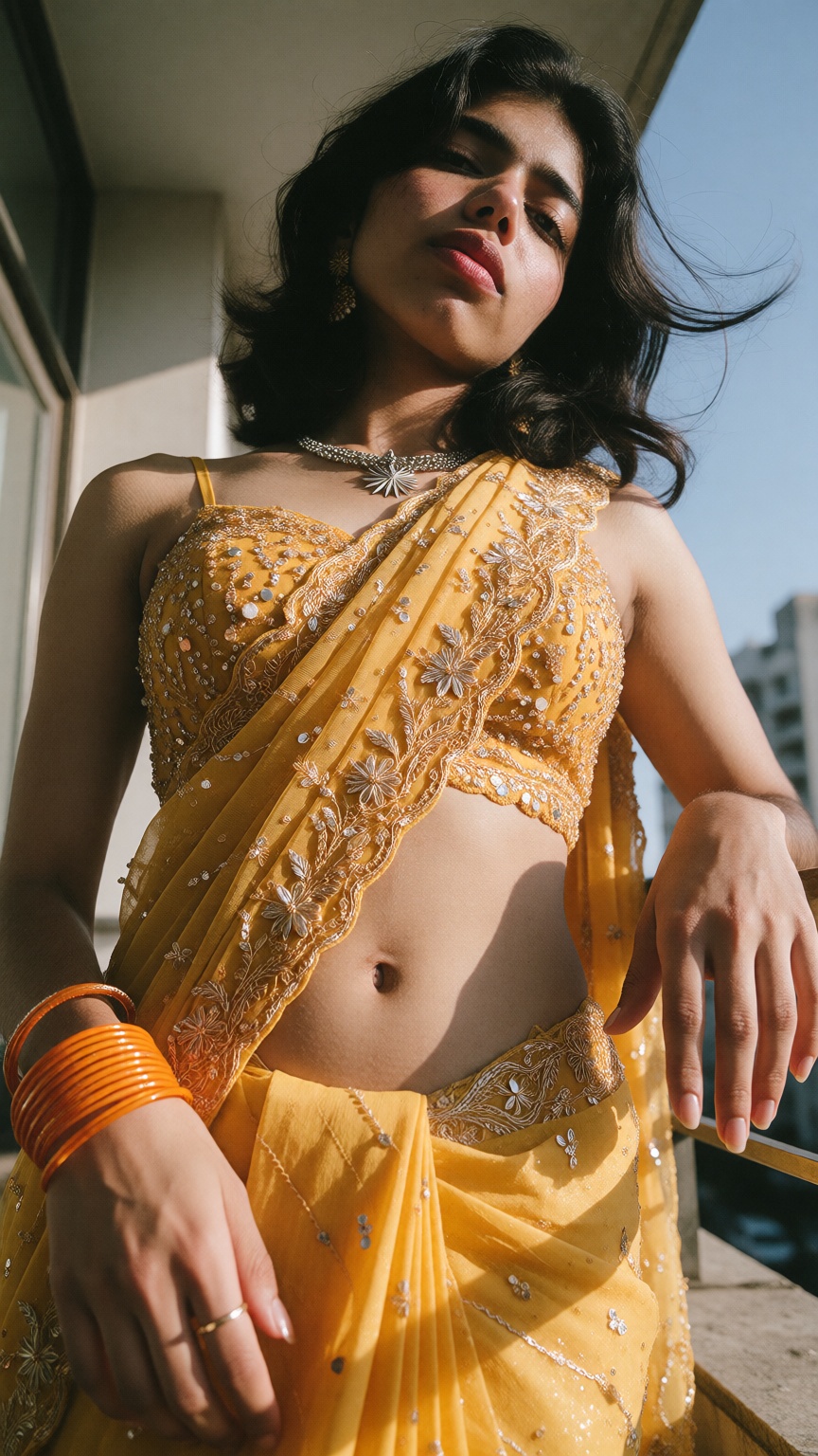 Cinematic photograph of a young South Asian woman with fair skin and dark hip-length hair,  dramatic extreme low angle wor...