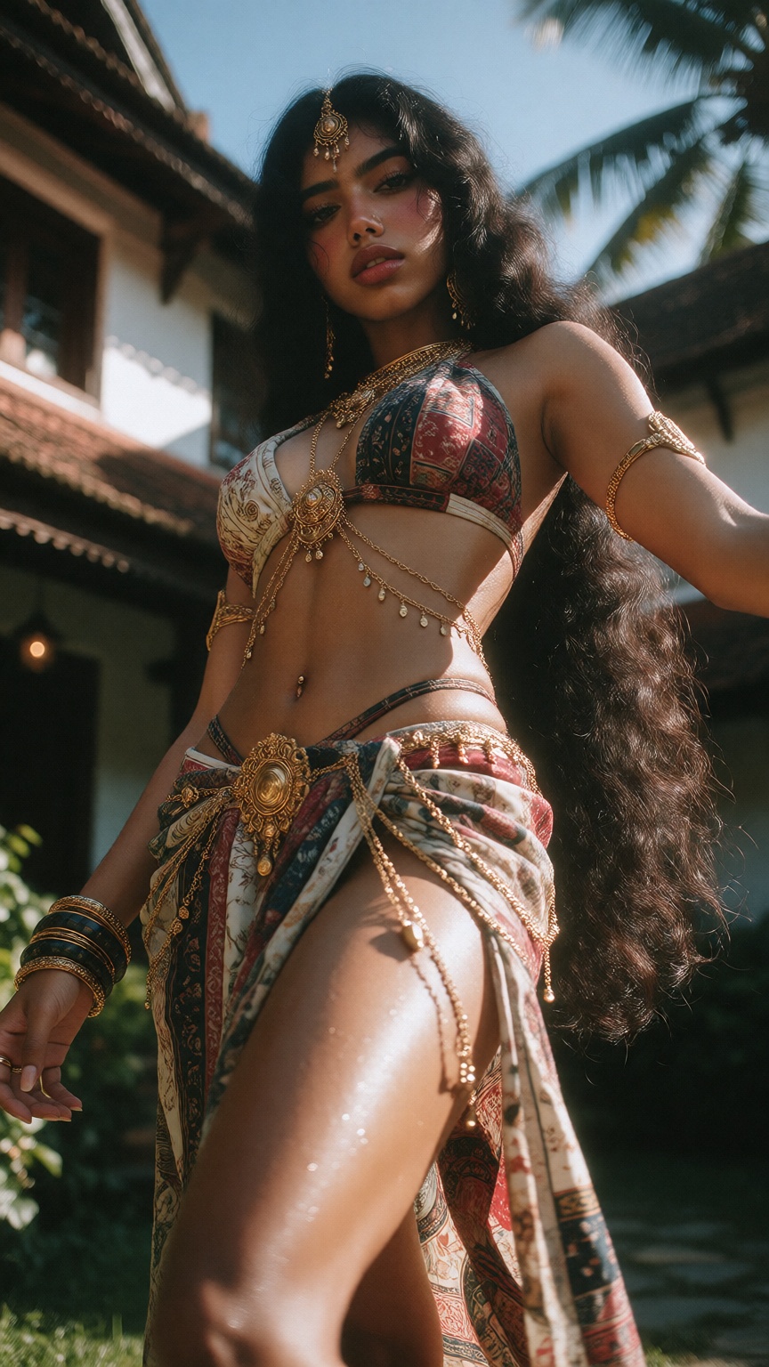 A low angle shot captures a Mallu pale skin woman with an hourglass figure and perfect body structure,  standing in a sedu...