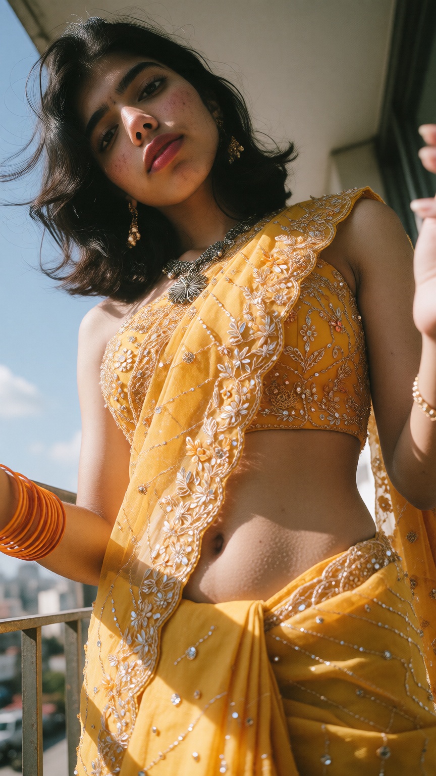 Cinematic photograph of a young South Asian woman with fair skin and dark hip-length hair,  dramatic extreme low angle wor...