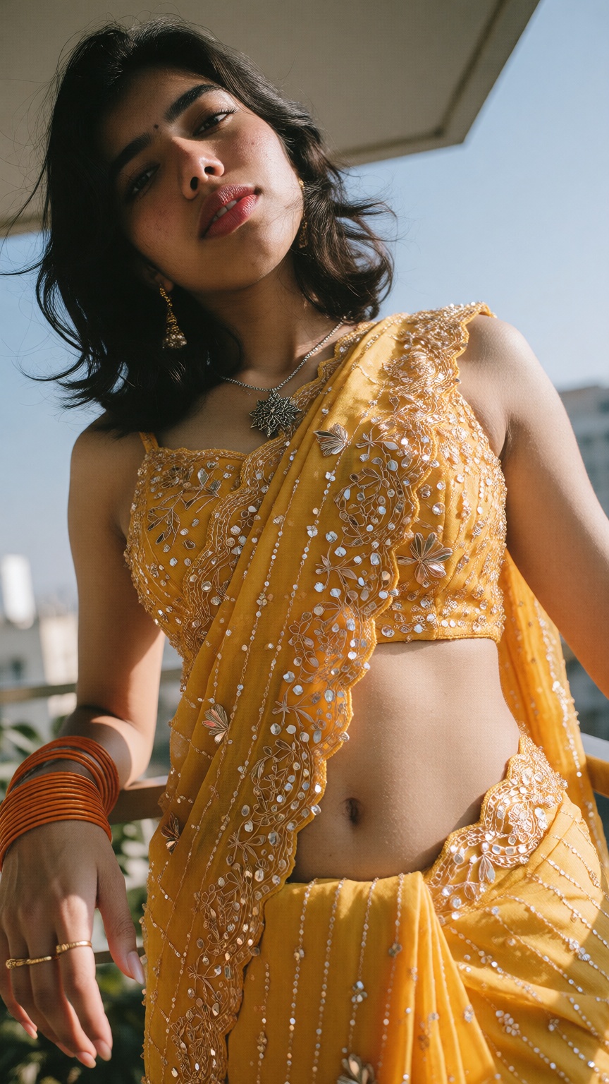 Cinematic photograph of a young South Asian woman with fair skin and dark hip-length hair,  dramatic extreme low angle wor...
