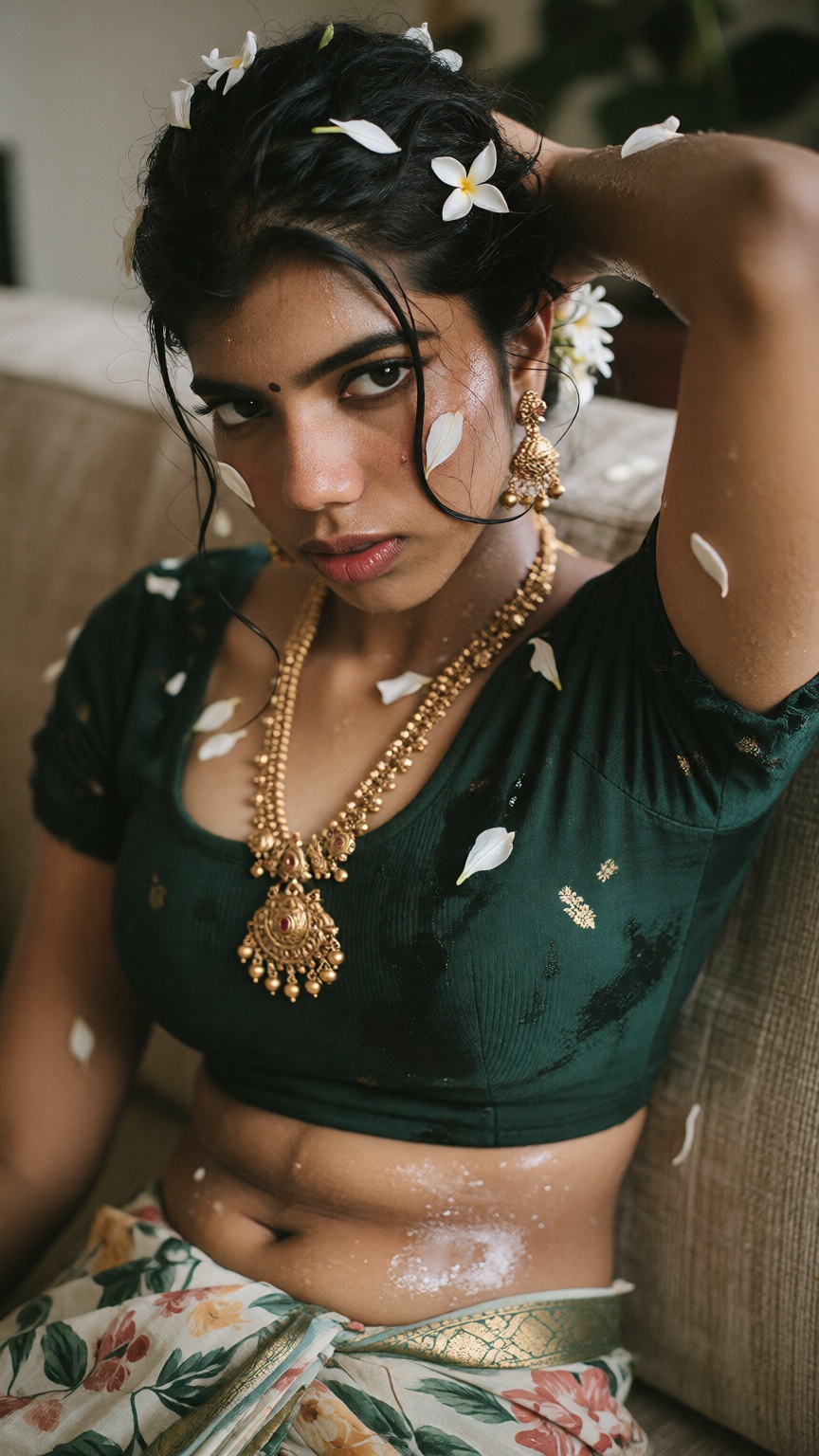 { "prompt": "Photorealistic sensual portrait of a beautiful South Indian woman with wet,  messy dark brown hair styled in...