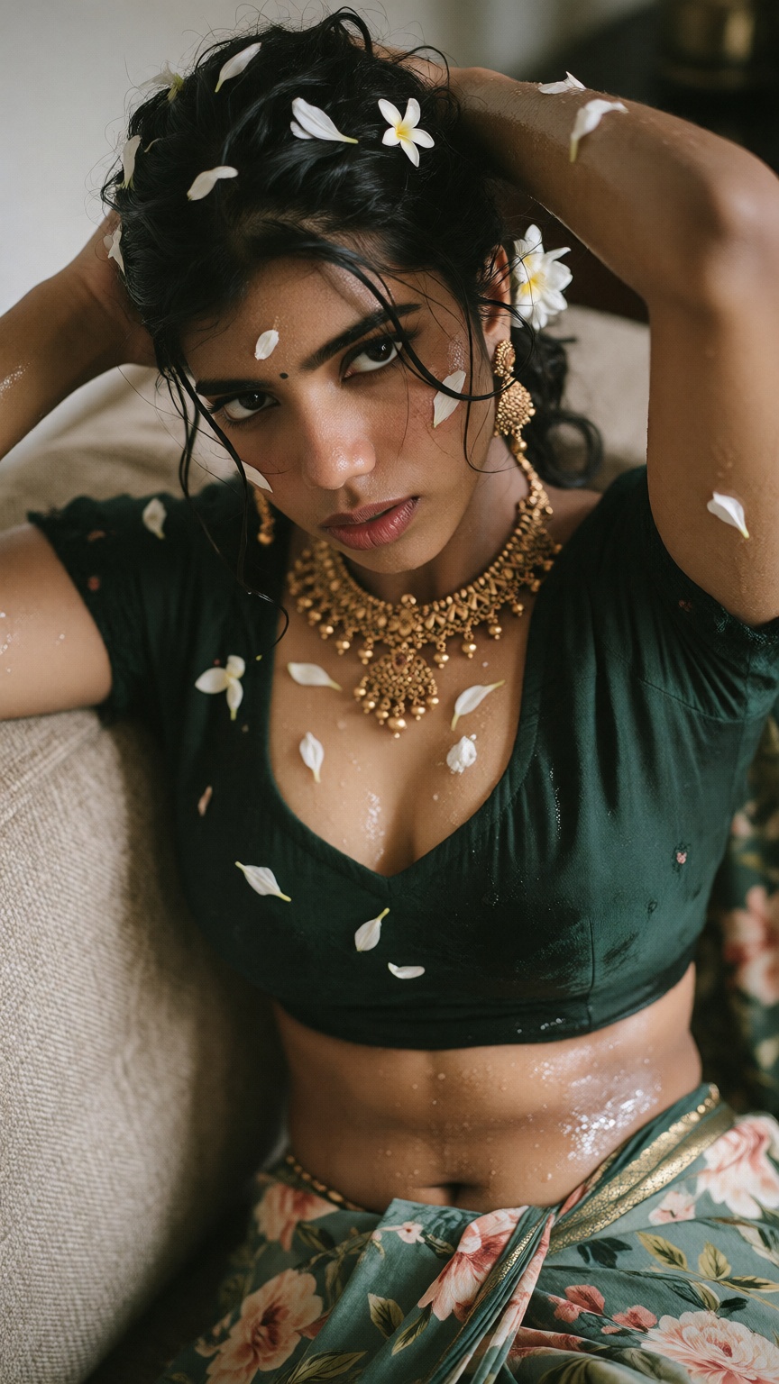 { "prompt": "Photorealistic sensual portrait of a beautiful South Indian woman with wet,  messy dark brown hair styled in...