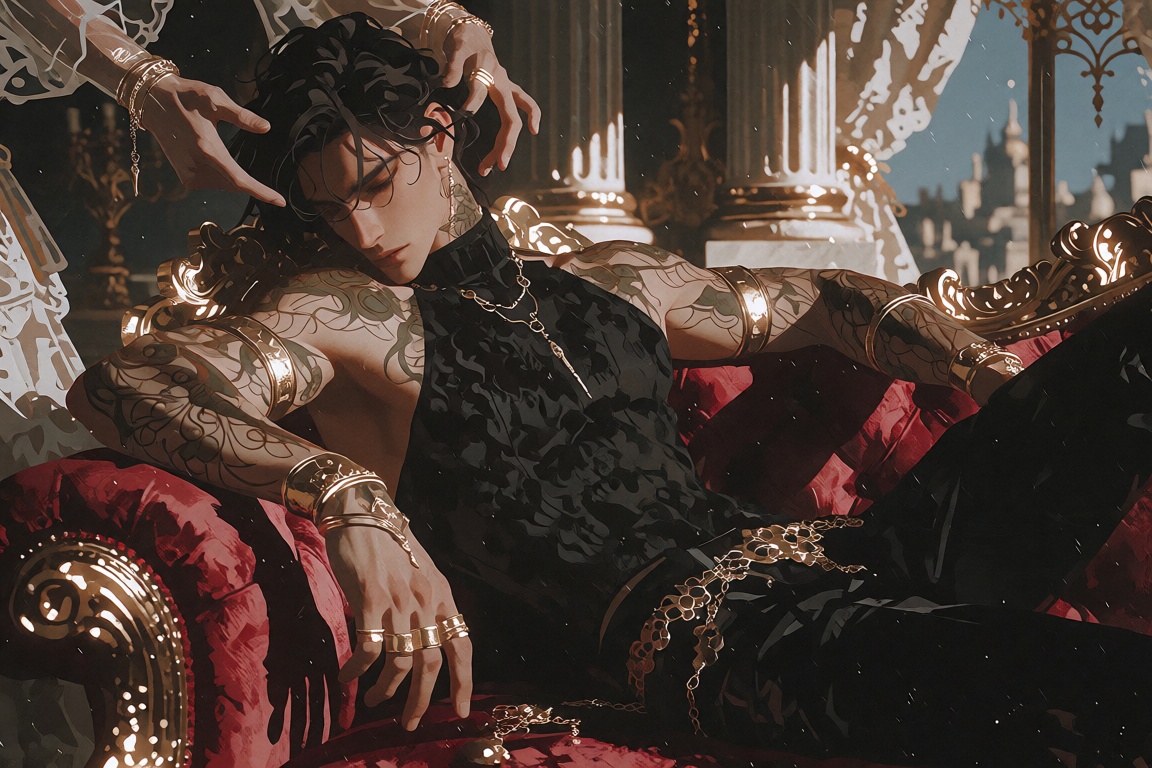 semi realistic art style: man reclines gracefully on a luxurious red plush couch. The backdrop features ornate columns and...