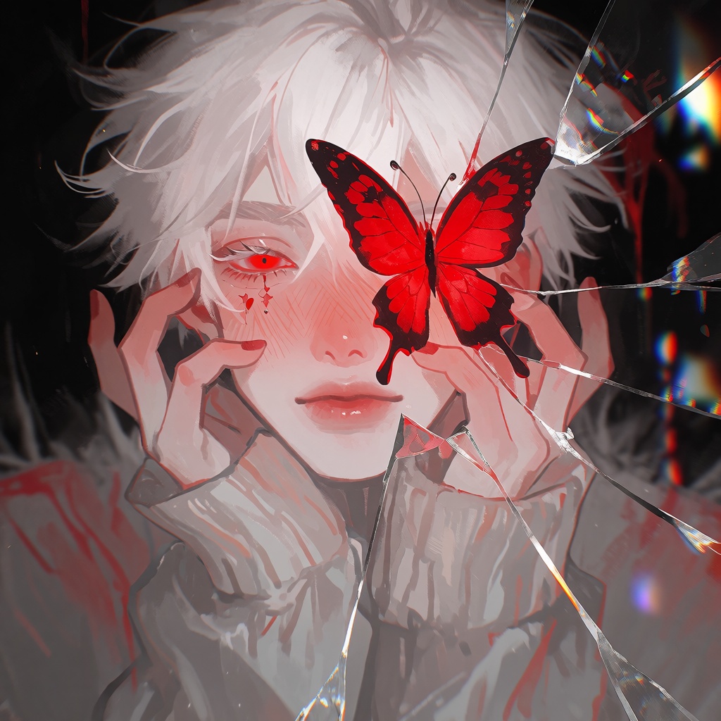 handdrawn art style: Create a dreamlike of a man with fluffy white hair,  red eyes featuring vertical slit pupils,  and de...