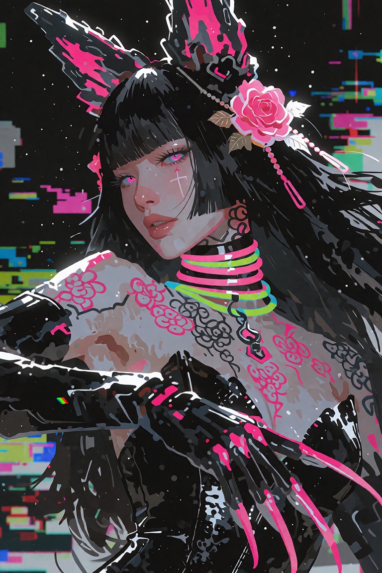 Create a semi-realistic digital painterly illustration of a: dynamic pose of an Asian woman viewed from the waist up,  sho...