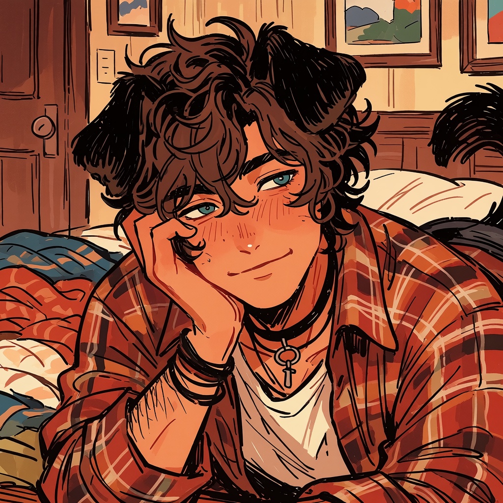 handdrawn art style: The image depicts a person with brown hair,  curly hair and folded dog-like ears,  resting his head o...
