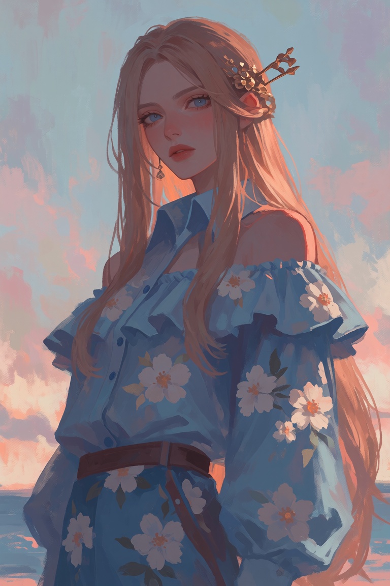 A woman with long and straight strawberry-blonde hair and light blue eyes stands outdoors,  her gaze fixed on the viewer....
