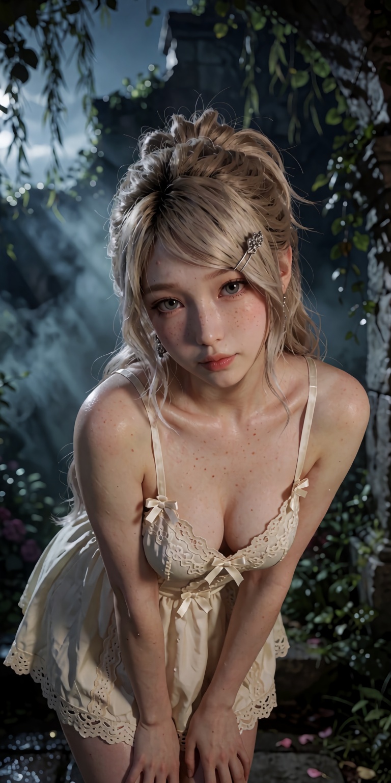 A breathtakingly realistic DSLR photograph captured from a striking low-angle perspective,  featuring a delicate young wom...