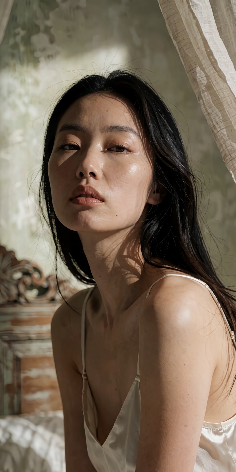 A cinematic,  ultra-realistic DSLR close-up portrait of a stunning Asian woman with a serene,  neutral expression on Tenso...