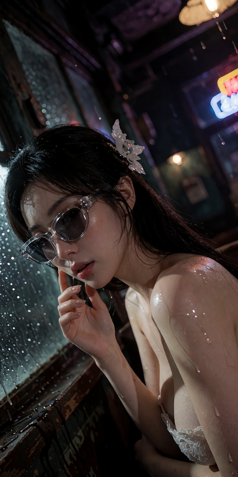 An ultra-realistic DSLR portrait captured through a dramatic dutch angle close-up,  showcasing an alluring young woman wit...