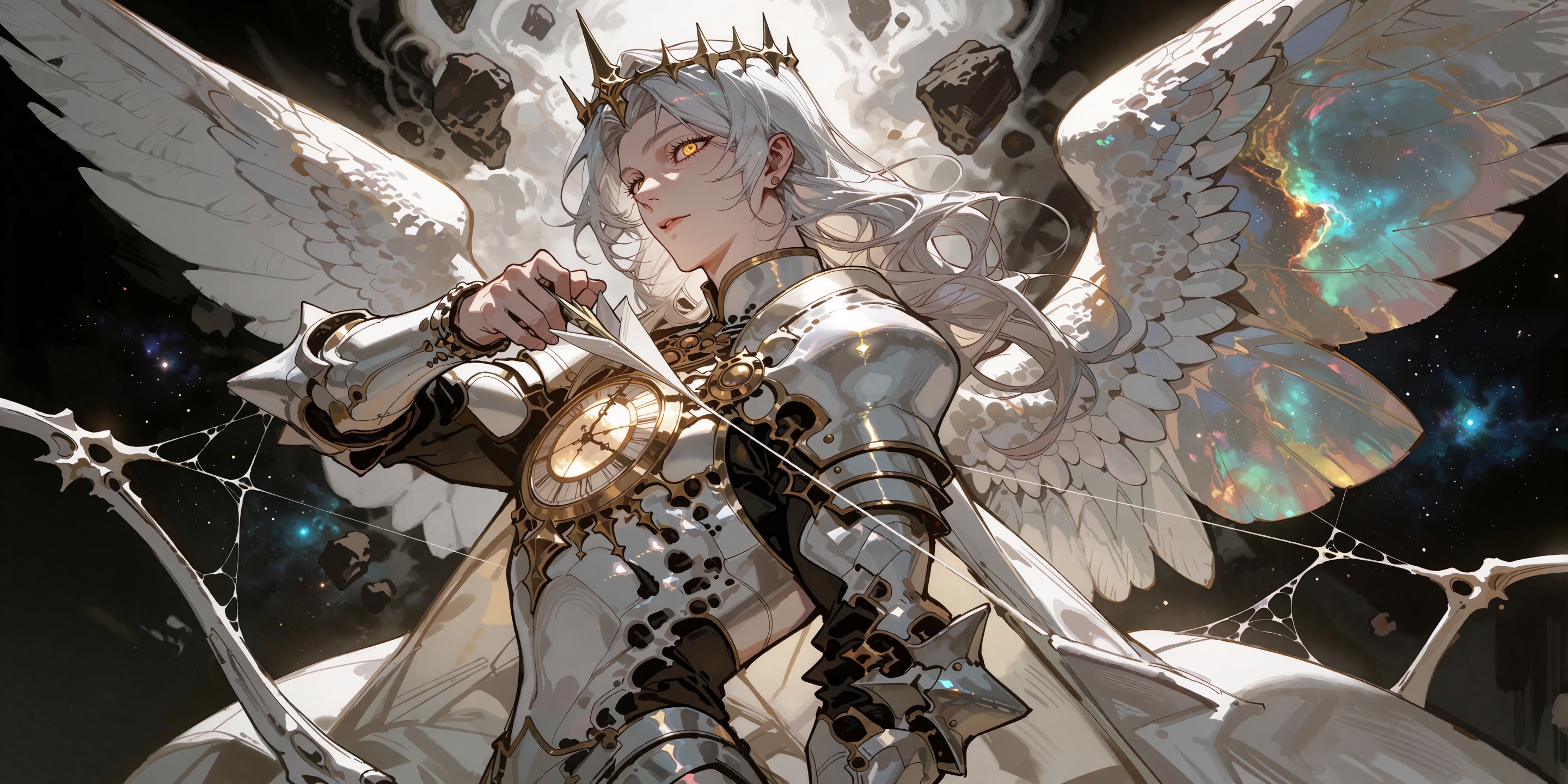 A majestic divine celestial archer captured in a three-quarter back view,  turning around to look over his shoulder with i...