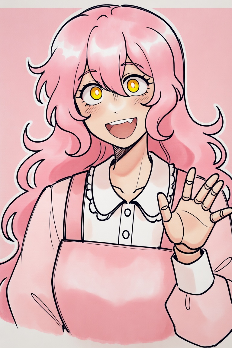 a doll girl with pink hair and bright yellow eyes,  smiling excitedly and wearing a cute dress. portrait,  very long hair...