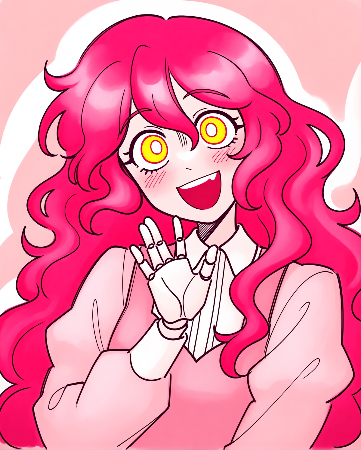 a doll girl with pink hair and bright yellow eyes,  smiling excitedly and wearing a cute dress. portrait,  very long hair...